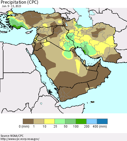 Middle East and Turkey Precipitation (CPC) Thematic Map For 1/9/2023 - 1/15/2023