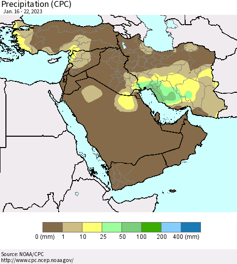 Middle East and Turkey Precipitation (CPC) Thematic Map For 1/16/2023 - 1/22/2023