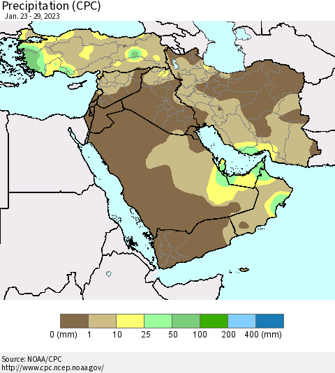 Middle East and Turkey Precipitation (CPC) Thematic Map For 1/23/2023 - 1/29/2023