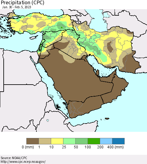 Middle East and Turkey Precipitation (CPC) Thematic Map For 1/30/2023 - 2/5/2023