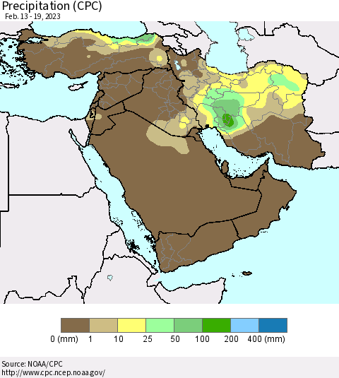Middle East and Turkey Precipitation (CPC) Thematic Map For 2/13/2023 - 2/19/2023