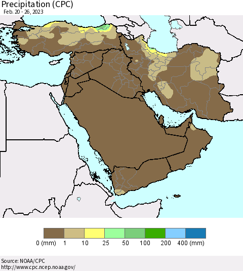 Middle East and Turkey Precipitation (CPC) Thematic Map For 2/20/2023 - 2/26/2023