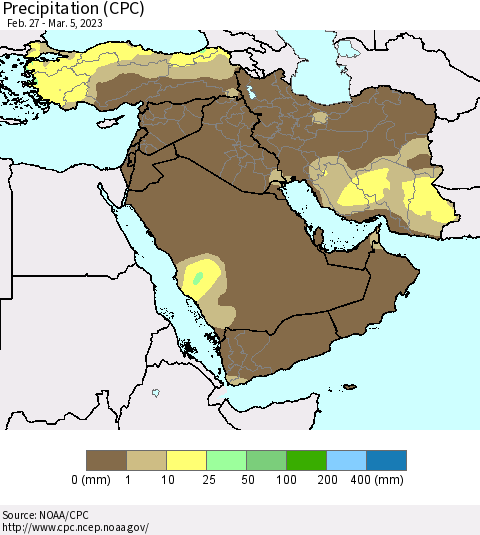 Middle East and Turkey Precipitation (CPC) Thematic Map For 2/27/2023 - 3/5/2023