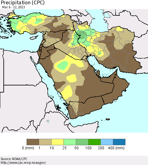 Middle East and Turkey Precipitation (CPC) Thematic Map For 3/6/2023 - 3/12/2023