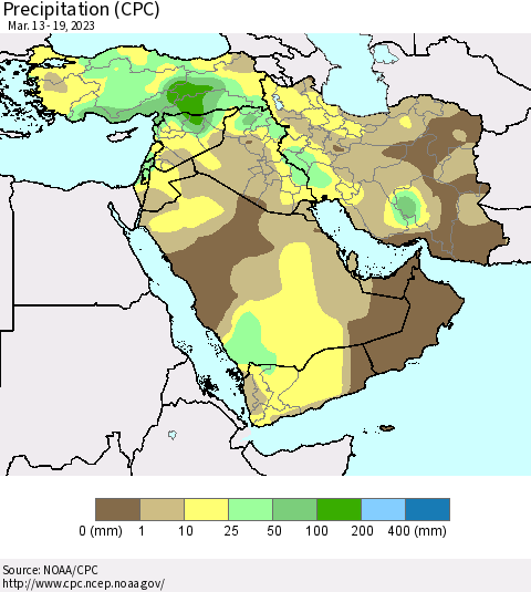 Middle East and Turkey Precipitation (CPC) Thematic Map For 3/13/2023 - 3/19/2023