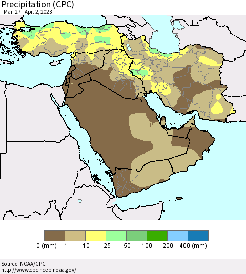 Middle East and Turkey Precipitation (CPC) Thematic Map For 3/27/2023 - 4/2/2023