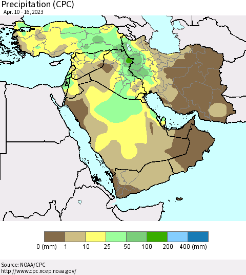 Middle East and Turkey Precipitation (CPC) Thematic Map For 4/10/2023 - 4/16/2023