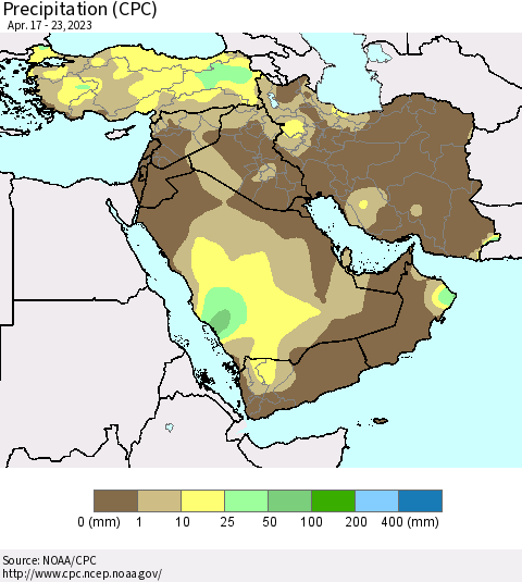 Middle East and Turkey Precipitation (CPC) Thematic Map For 4/17/2023 - 4/23/2023