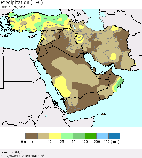Middle East and Turkey Precipitation (CPC) Thematic Map For 4/24/2023 - 4/30/2023