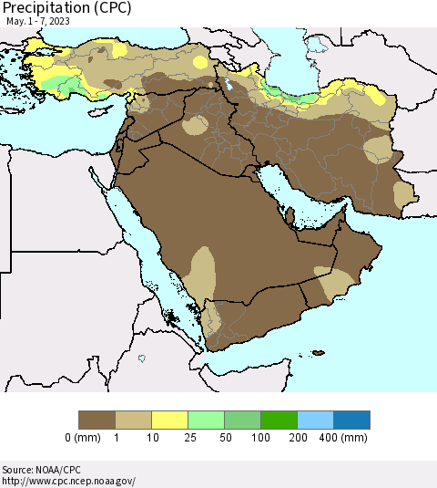 Middle East and Turkey Precipitation (CPC) Thematic Map For 5/1/2023 - 5/7/2023