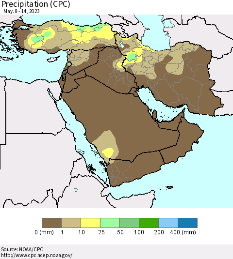 Middle East and Turkey Precipitation (CPC) Thematic Map For 5/8/2023 - 5/14/2023