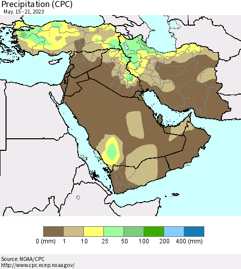 Middle East and Turkey Precipitation (CPC) Thematic Map For 5/15/2023 - 5/21/2023
