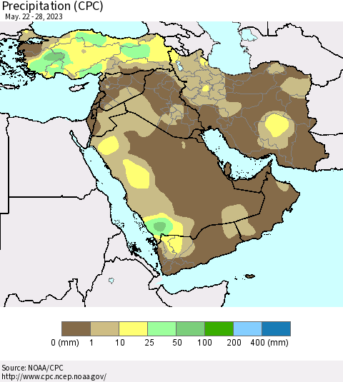Middle East and Turkey Precipitation (CPC) Thematic Map For 5/22/2023 - 5/28/2023