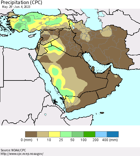Middle East and Turkey Precipitation (CPC) Thematic Map For 5/29/2023 - 6/4/2023