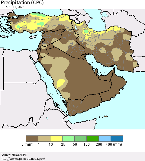Middle East and Turkey Precipitation (CPC) Thematic Map For 6/5/2023 - 6/11/2023
