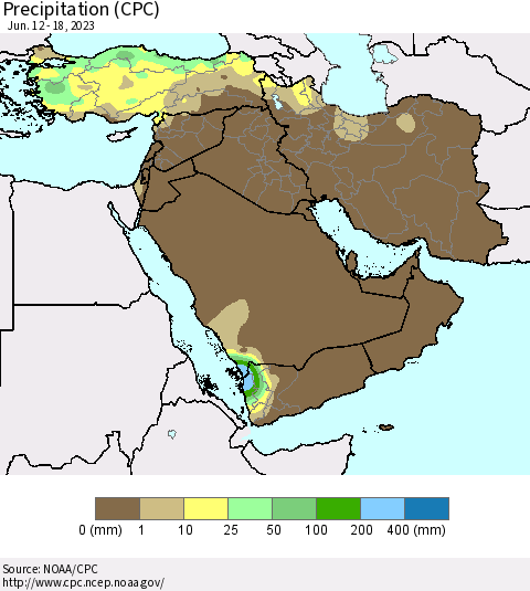 Middle East and Turkey Precipitation (CPC) Thematic Map For 6/12/2023 - 6/18/2023