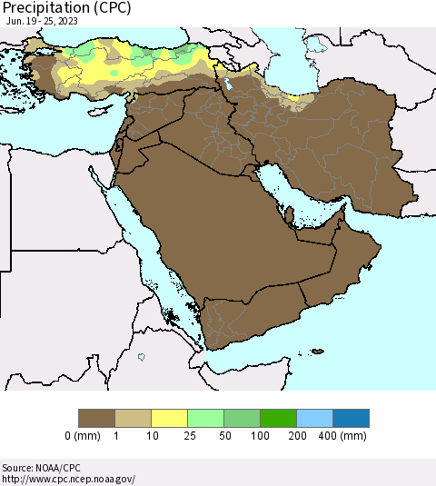 Middle East and Turkey Precipitation (CPC) Thematic Map For 6/19/2023 - 6/25/2023