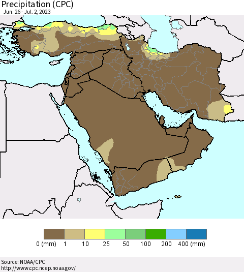 Middle East and Turkey Precipitation (CPC) Thematic Map For 6/26/2023 - 7/2/2023