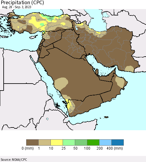 Middle East and Turkey Precipitation (CPC) Thematic Map For 8/28/2023 - 9/3/2023