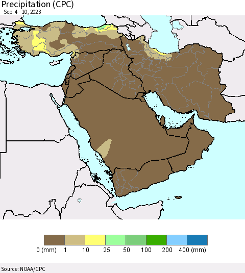 Middle East and Turkey Precipitation (CPC) Thematic Map For 9/4/2023 - 9/10/2023