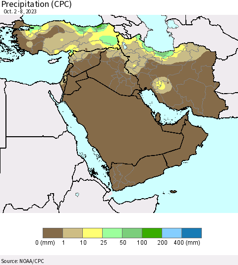 Middle East and Turkey Precipitation (CPC) Thematic Map For 10/2/2023 - 10/8/2023