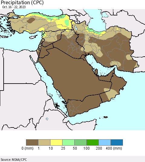 Middle East and Turkey Precipitation (CPC) Thematic Map For 10/16/2023 - 10/22/2023