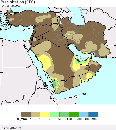 Middle East and Turkey Precipitation (CPC) Thematic Map For 10/23/2023 - 10/29/2023