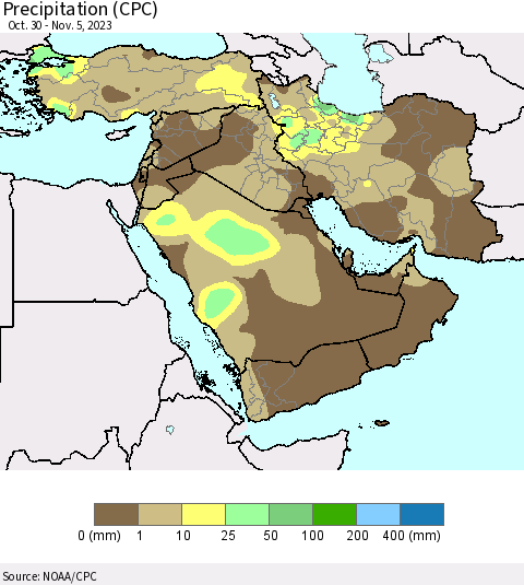 Middle East and Turkey Precipitation (CPC) Thematic Map For 10/30/2023 - 11/5/2023