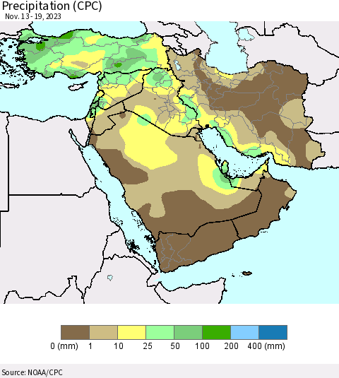Middle East and Turkey Precipitation (CPC) Thematic Map For 11/13/2023 - 11/19/2023