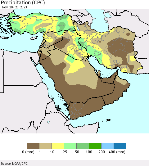 Middle East and Turkey Precipitation (CPC) Thematic Map For 11/20/2023 - 11/26/2023
