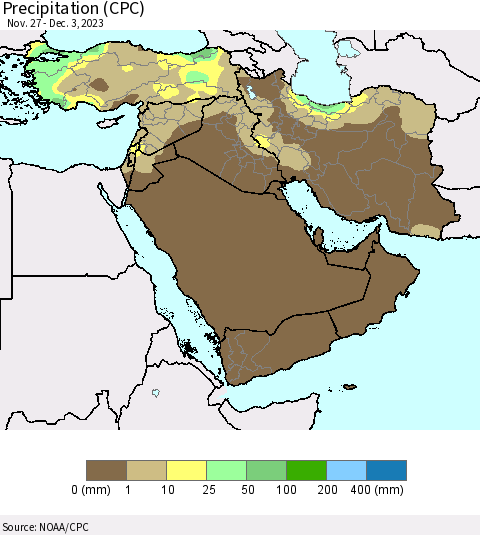 Middle East and Turkey Precipitation (CPC) Thematic Map For 11/27/2023 - 12/3/2023