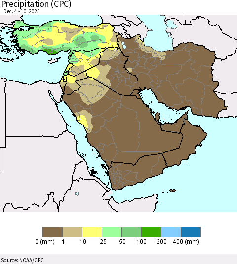 Middle East and Turkey Precipitation (CPC) Thematic Map For 12/4/2023 - 12/10/2023