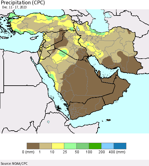 Middle East and Turkey Precipitation (CPC) Thematic Map For 12/11/2023 - 12/17/2023