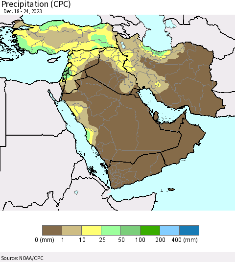 Middle East and Turkey Precipitation (CPC) Thematic Map For 12/18/2023 - 12/24/2023