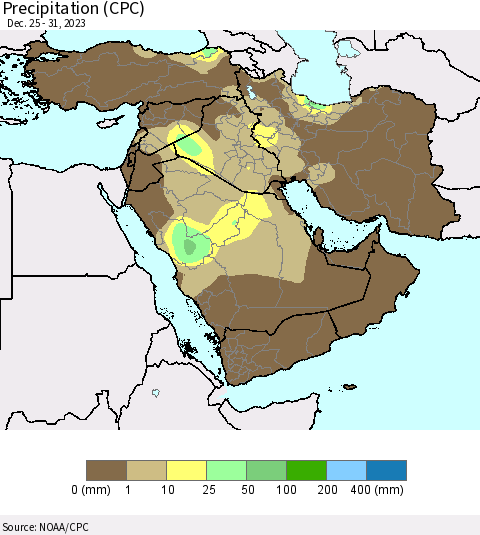 Middle East and Turkey Precipitation (CPC) Thematic Map For 12/25/2023 - 12/31/2023