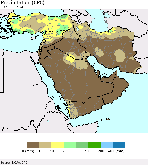 Middle East and Turkey Precipitation (CPC) Thematic Map For 1/1/2024 - 1/7/2024