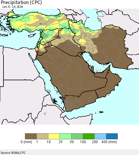 Middle East and Turkey Precipitation (CPC) Thematic Map For 1/8/2024 - 1/14/2024