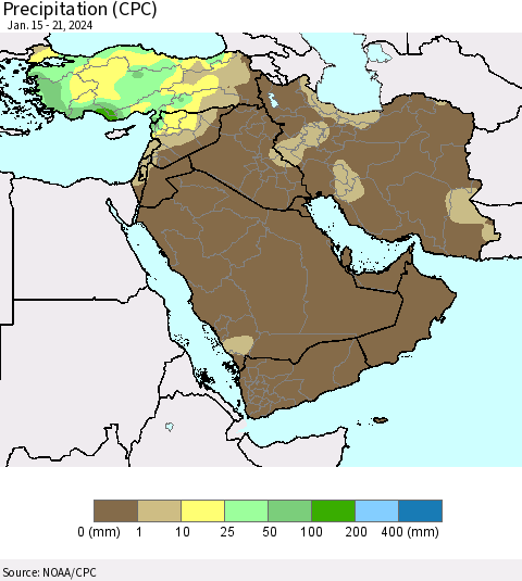 Middle East and Turkey Precipitation (CPC) Thematic Map For 1/15/2024 - 1/21/2024