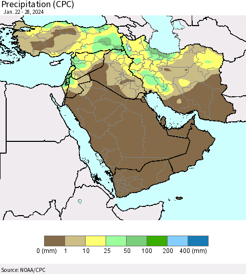 Middle East and Turkey Precipitation (CPC) Thematic Map For 1/22/2024 - 1/28/2024