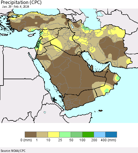 Middle East and Turkey Precipitation (CPC) Thematic Map For 1/29/2024 - 2/4/2024