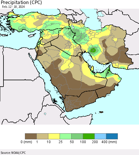 Middle East and Turkey Precipitation (CPC) Thematic Map For 2/12/2024 - 2/18/2024