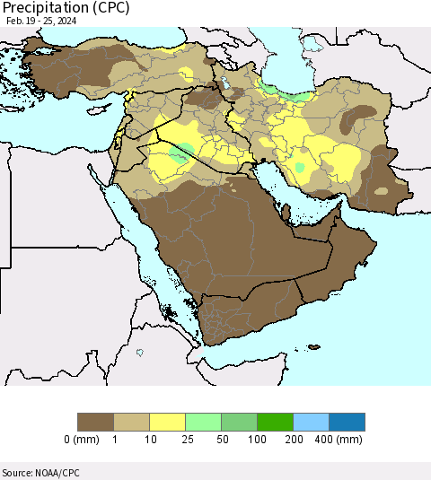 Middle East and Turkey Precipitation (CPC) Thematic Map For 2/19/2024 - 2/25/2024