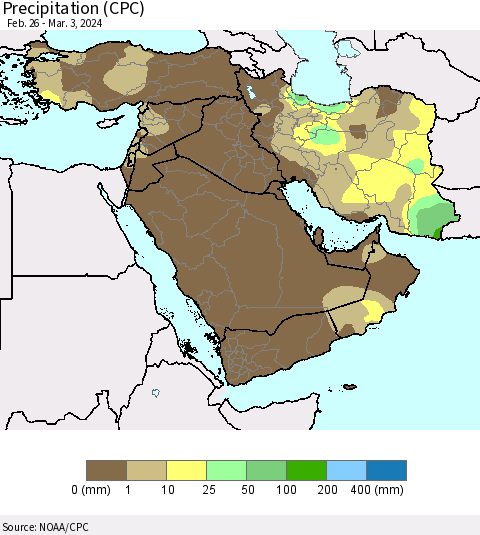 Middle East and Turkey Precipitation (CPC) Thematic Map For 2/26/2024 - 3/3/2024