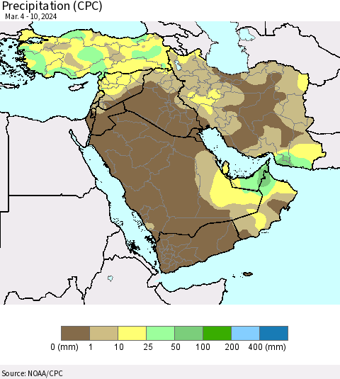 Middle East and Turkey Precipitation (CPC) Thematic Map For 3/4/2024 - 3/10/2024