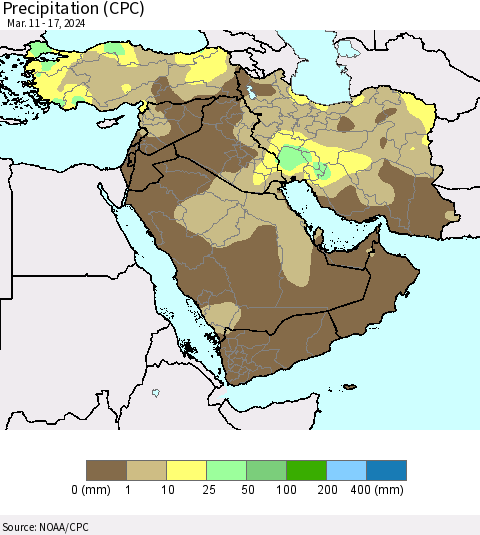Middle East and Turkey Precipitation (CPC) Thematic Map For 3/11/2024 - 3/17/2024