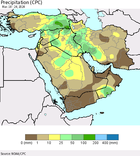 Middle East and Turkey Precipitation (CPC) Thematic Map For 3/18/2024 - 3/24/2024