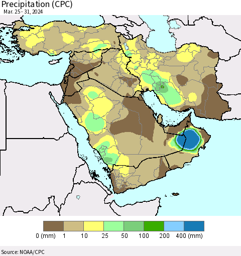 Middle East and Turkey Precipitation (CPC) Thematic Map For 3/25/2024 - 3/31/2024