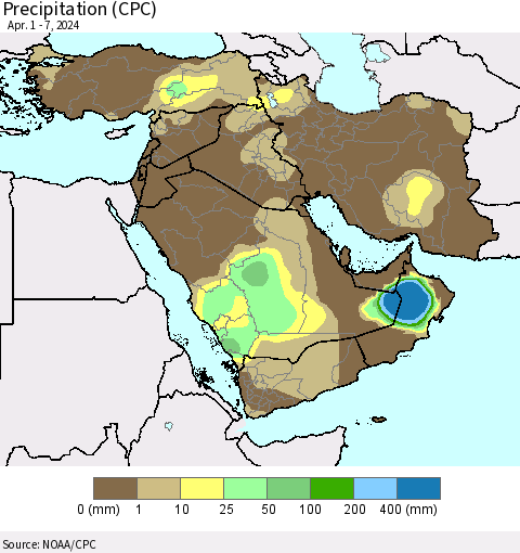 Middle East and Turkey Precipitation (CPC) Thematic Map For 4/1/2024 - 4/7/2024