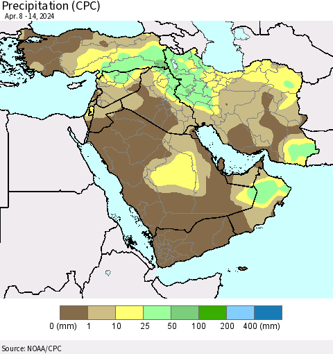 Middle East and Turkey Precipitation (CPC) Thematic Map For 4/8/2024 - 4/14/2024