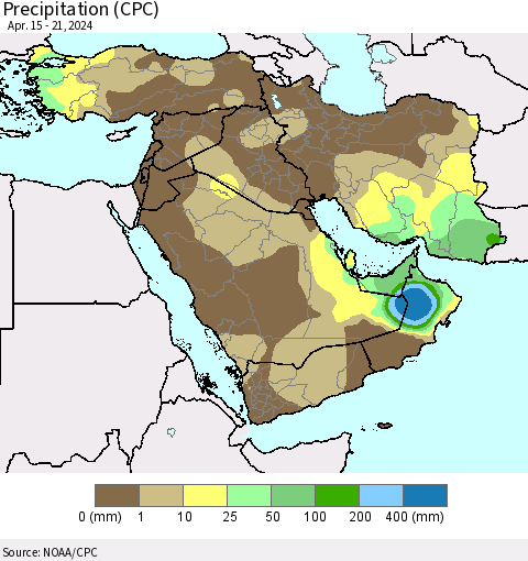 Middle East and Turkey Precipitation (CPC) Thematic Map For 4/15/2024 - 4/21/2024